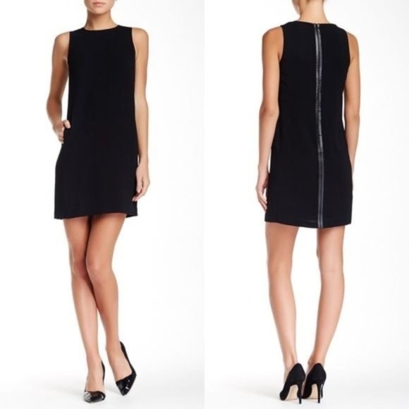 Vince leather trim strapping black sheath dress with pockets, size 4, NWOT - Picture 1 of 14
